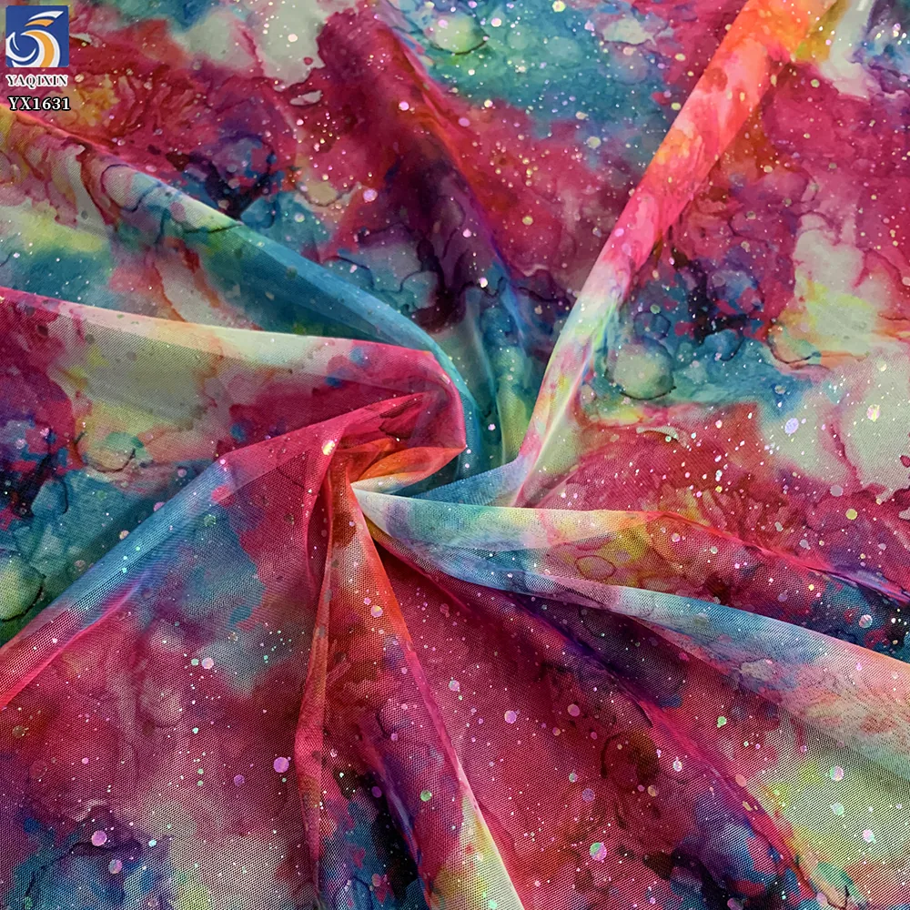 YX1631 High Density Tulle Fabric Splatter Dye Holographic Digital Print Sheer Mesh 100% Polyester for Evening Gown Cosplay