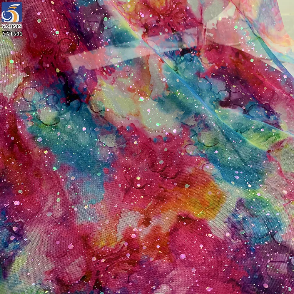 YX1631 High Density Tulle Fabric Splatter Dye Holographic Digital Print Sheer Mesh 100% Polyester for Evening Gown Cosplay