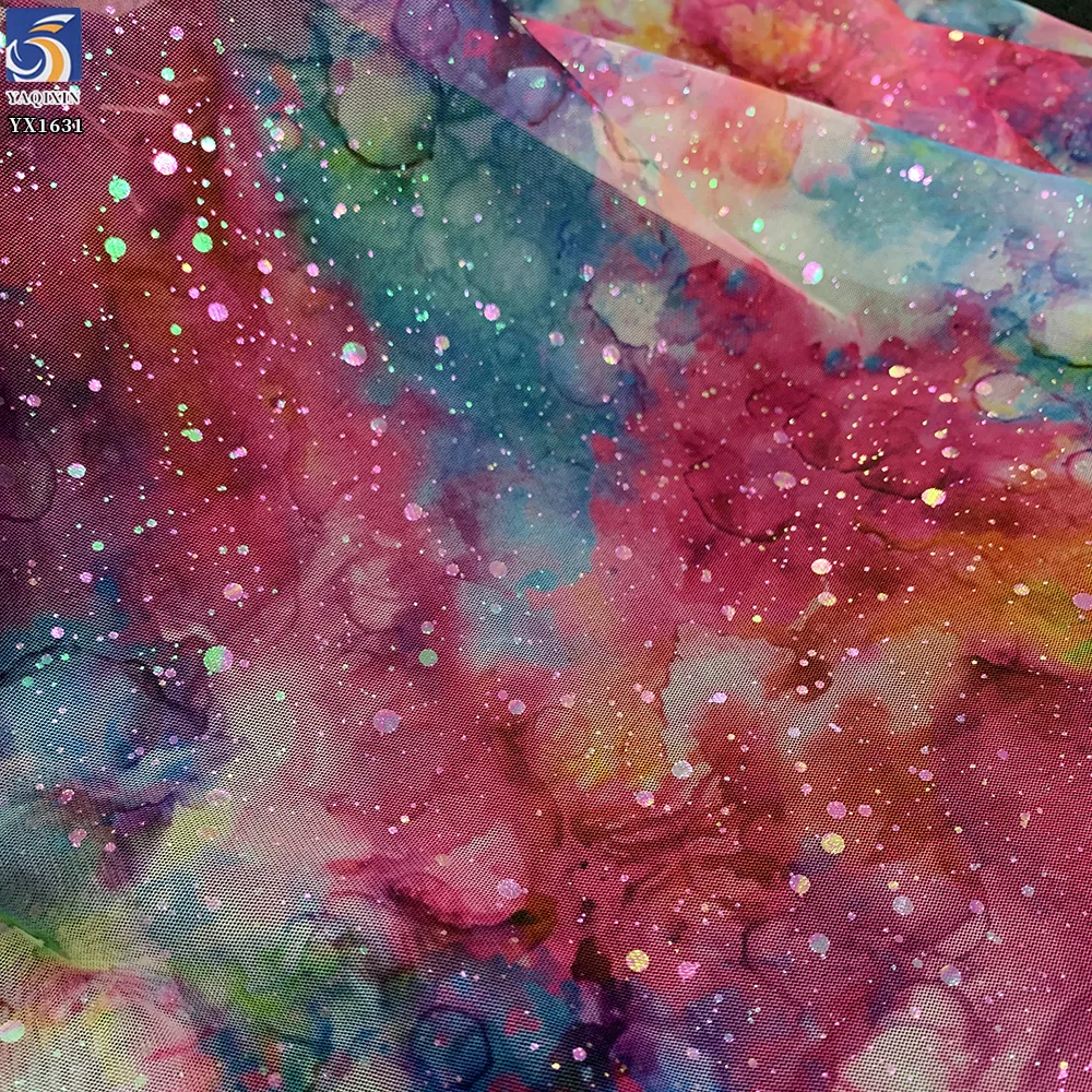 YX1631 High Density Tulle Fabric Splatter Dye Holographic Digital Print Sheer Mesh 100% Polyester for Evening Gown Cosplay
