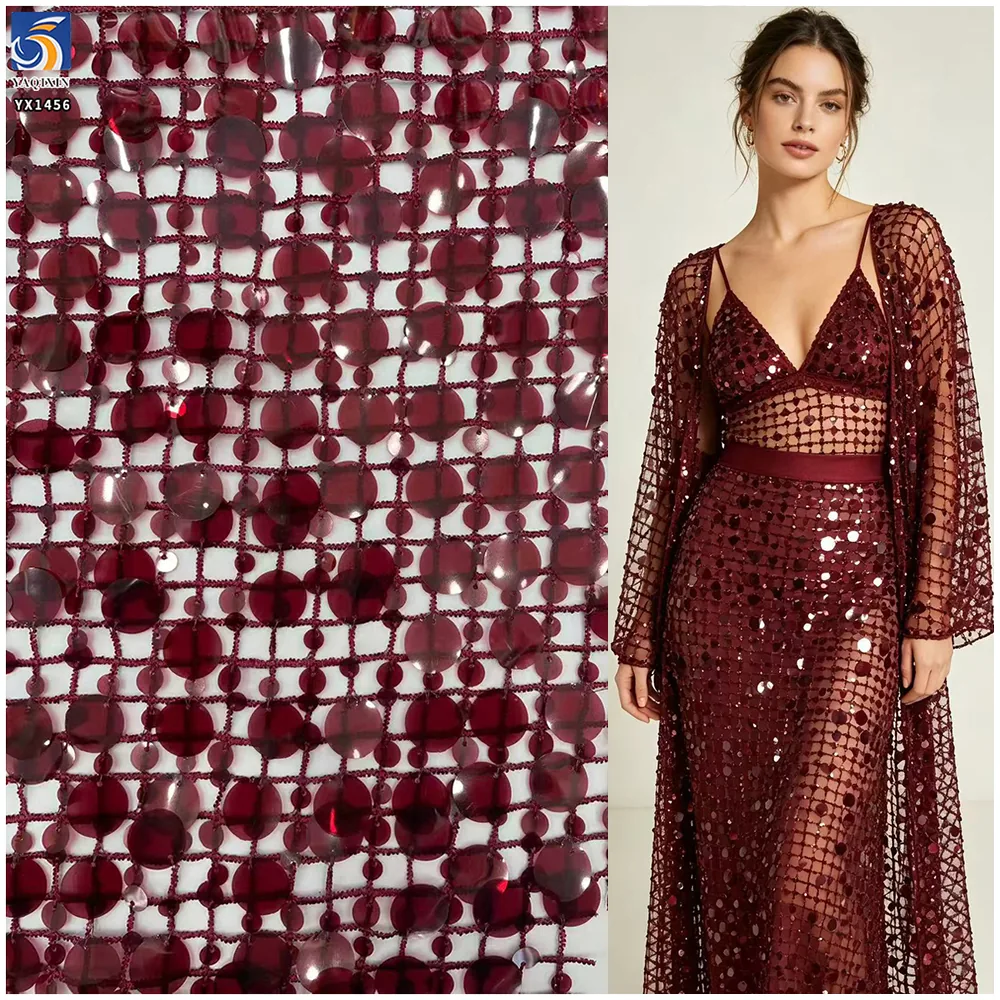 YX1456 Sequin Embroidery Mesh Fabric Allover Mixed Size Round Sequins for Gowns Stagewear and Fashion Apparel