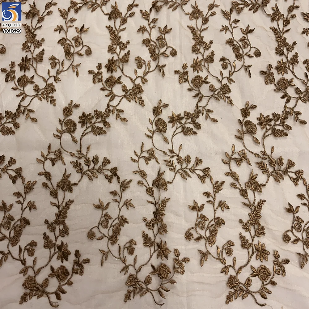 YX1629 Floral Embroidered Lace Fabric High Density Polyester Mesh Lace for Evening Gown Dress